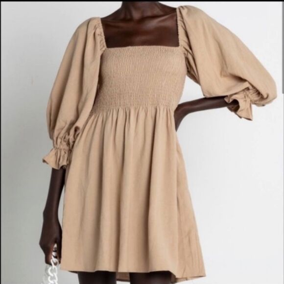 ANTHROPOLOGIE x KOURT Portia Smocked Linen Dress M Puff Sleeve Milkmaid Regency - Picture 1 of 11